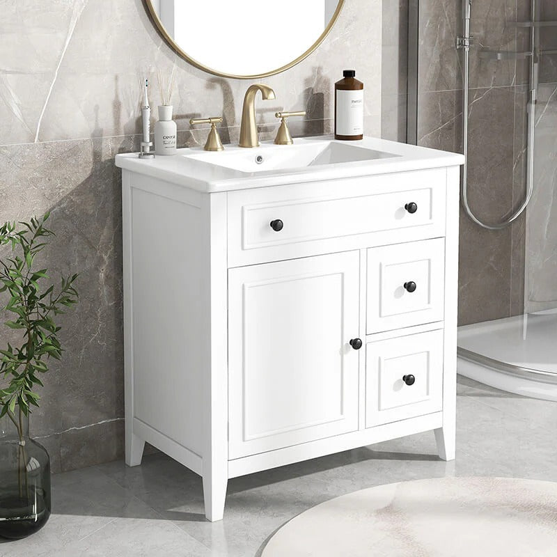 30" White Freestanding Bathroom Vanity with Ceramic Sink, Cabinet Door &Two Drawers