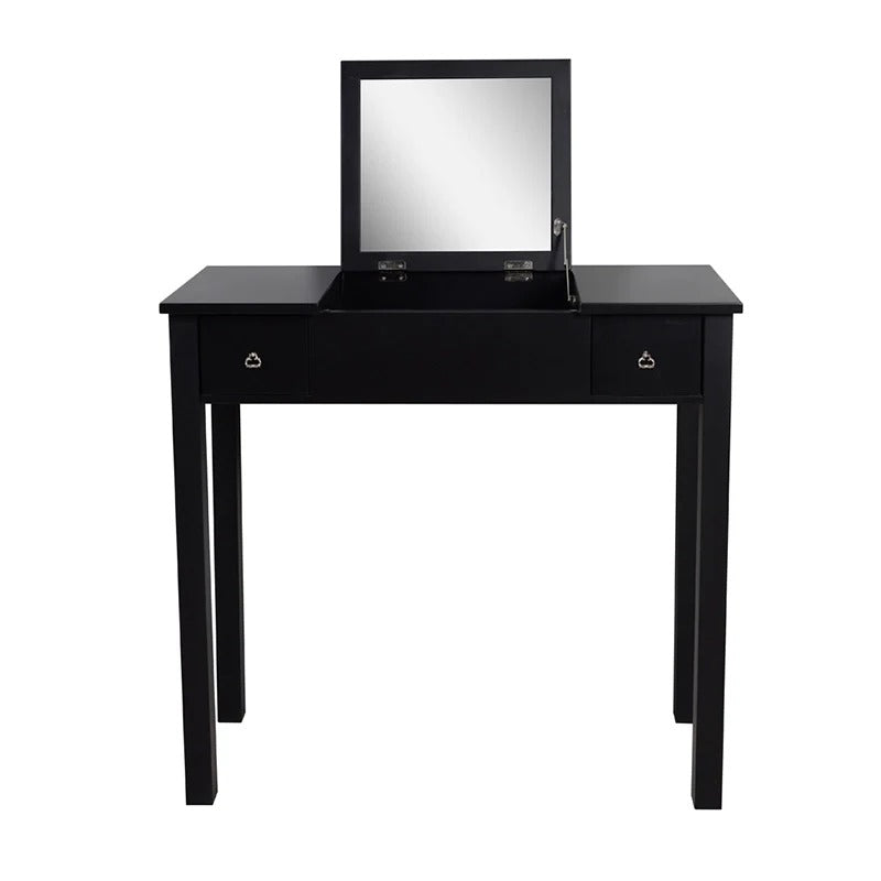 31.5" Black Flip-Top Vanity Table with Hidden Mirror, 2 Drawers & Centre Storage