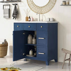 36" Navy Blue Bathroom Vanity with Resin Sink, 6 Drawers & Soft-Close Cabinet