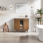36" Natural Oak Bathroom Vanity with Marble Top & Soft-Close Doors