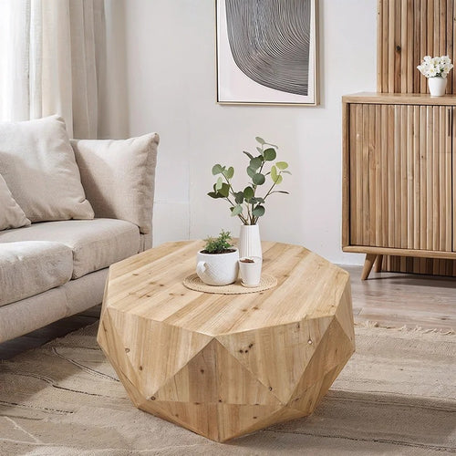38" Natural Geometric Coffee Table with 3D Embossed Surface