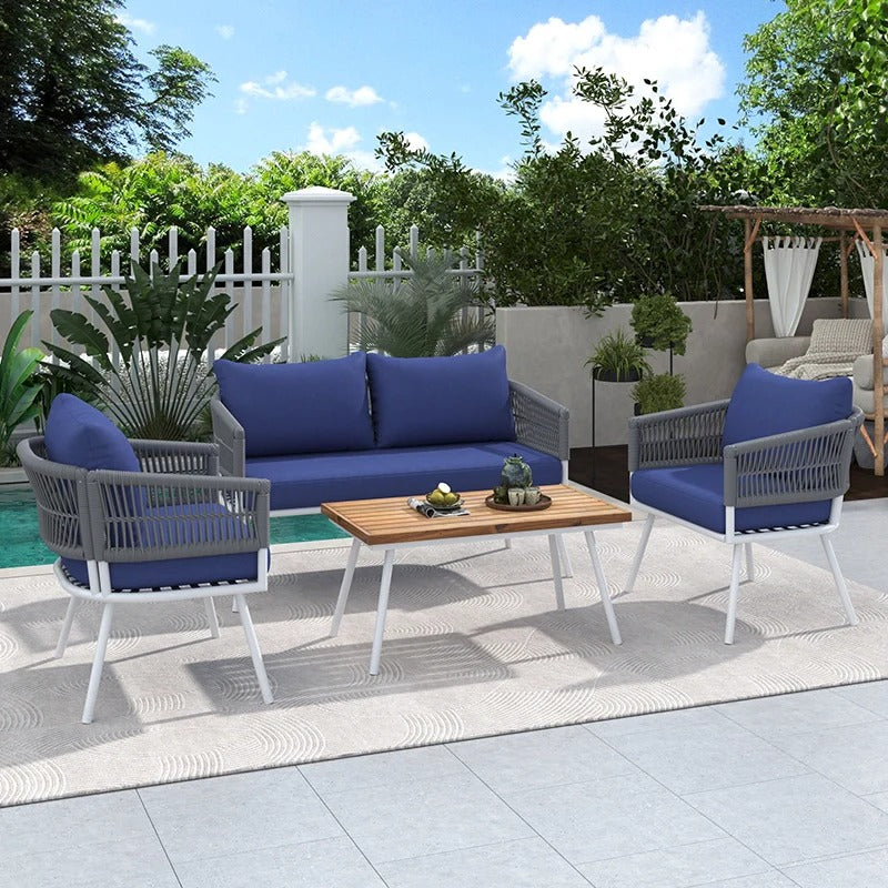 Blue Rope Cushion Navy Blue 4-Piece Woven Rope Patio Set with Acacia Wood Coffee Table ...
