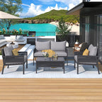 Grey 4-Piece Woven Rope Outdoor Lounge Set with Tempered Glass Coffee Table