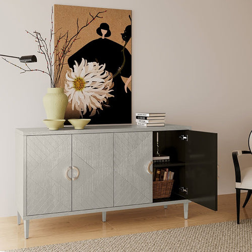 Modern Champagne Four-Door Cabinet with Pine Legs and Four Shelves