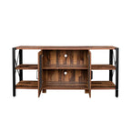 Meuble TV industriel en noyer et métal avec placard à porte grillagée et étagères ouvertes