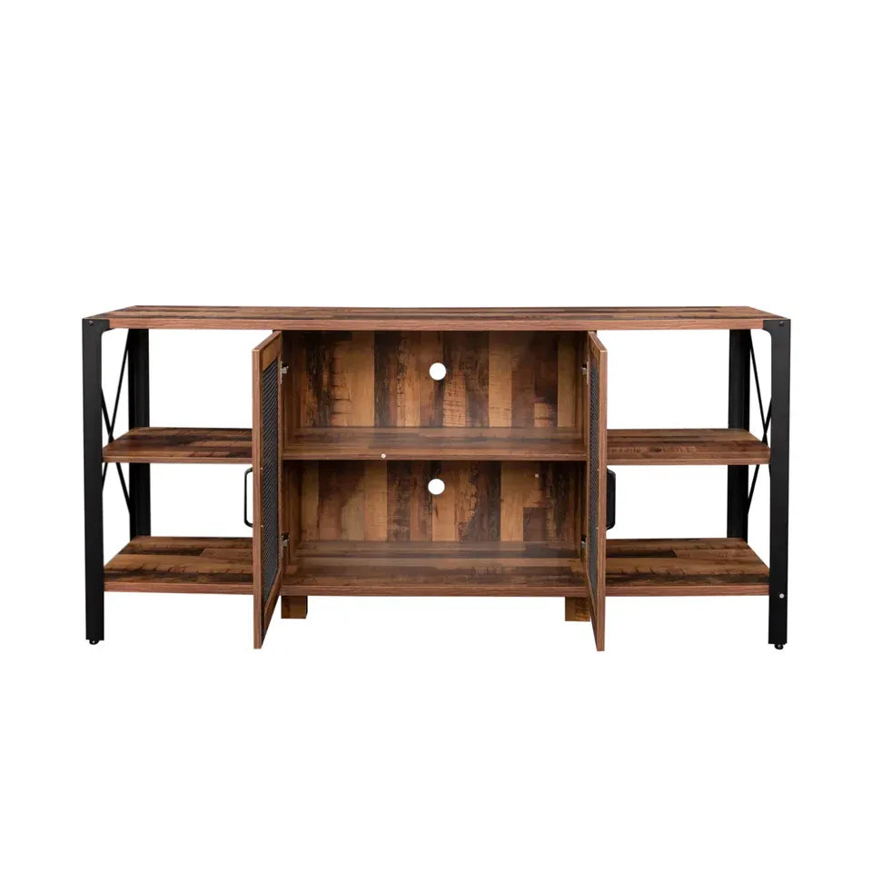 Meuble TV industriel en noyer et métal avec placard à porte grillagée et étagères ouvertes