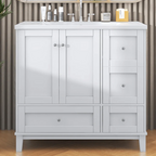 36" White Bathroom Vanity with Sink, USB Charger, 4 Drawers & 2-Door Cabinet