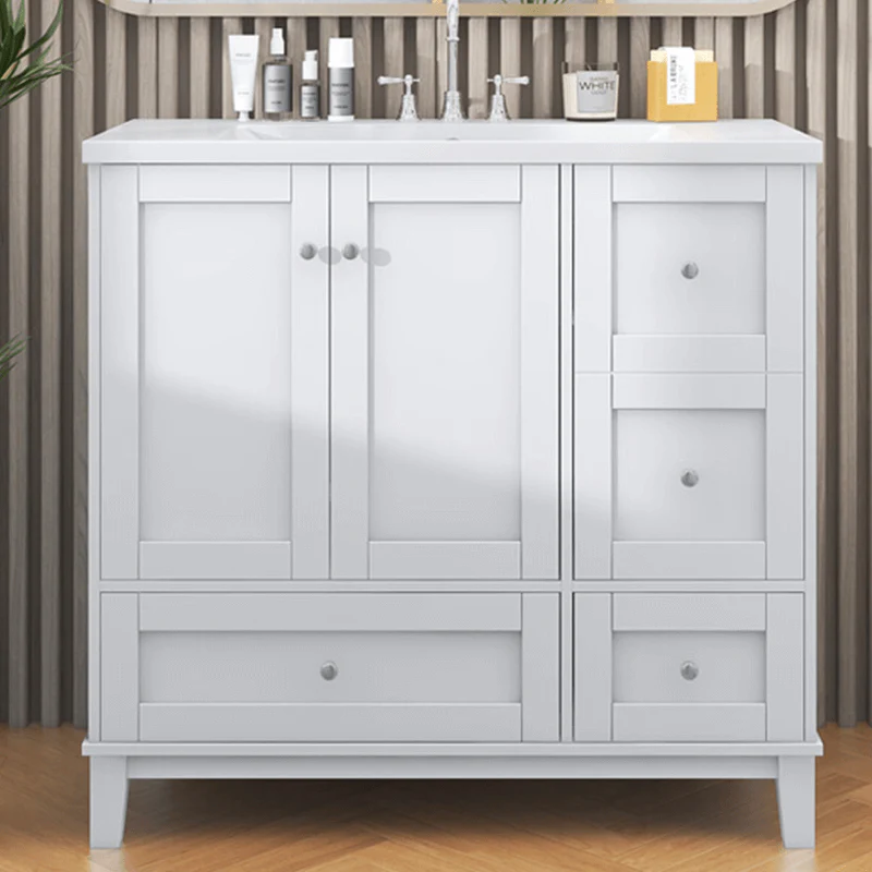 36" White Bathroom Vanity with Sink, USB Charger, 4 Drawers & 2-Door Cabinet