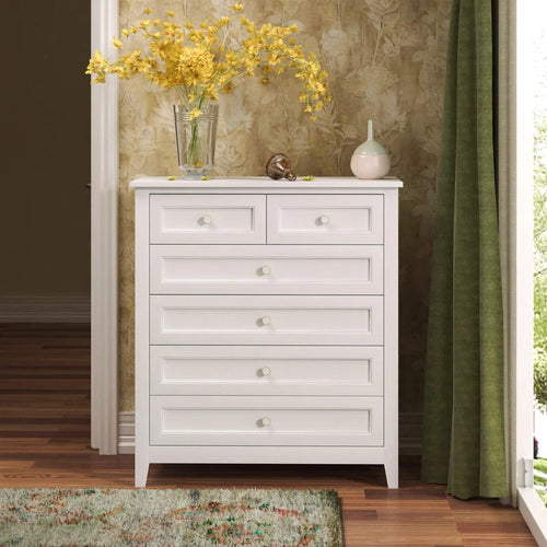 Antique White 6-Drawer Solid Wood Chest of Drawers with Round Handles