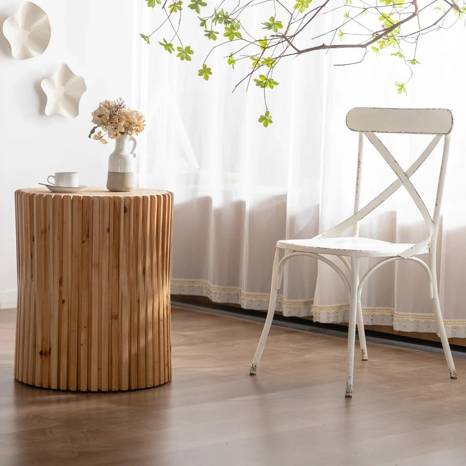 Round Natural Wood Fluted Side Table with Three-Dimensional Relief