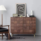 Solid Walnut 10-Drawer Dresser with Geometric Tile Front & Gold-Tone Legs