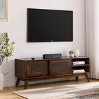 Mid-century modern walnut TV stand with rattan doors and open shelving - Elirian