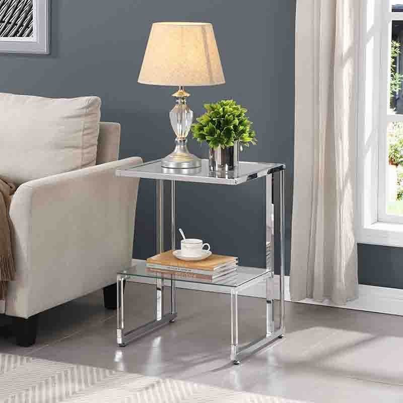 Two-Tier Chrome and Acrylic Side Table with Tempered Glass Top