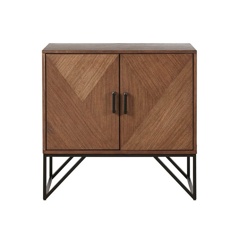 Walnut Veneer Accent Storage Cabinet with Matte Black Metal Base - 2 Doors