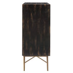 Distressed Black Two-Door Cabinet with Carved Fronts and Bronze Legs