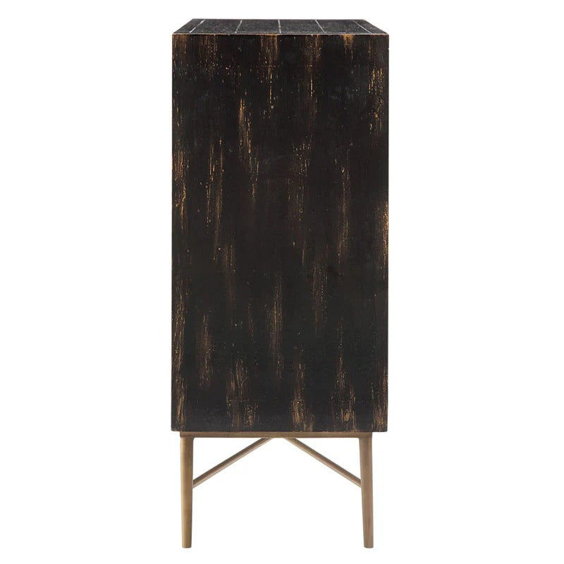 Distressed Black Two-Door Cabinet with Carved Fronts and Bronze Legs