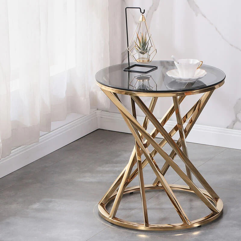 Round Gold Glass Side Table with Spiral Stainless Steel Frame