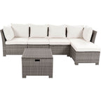 Beige 6-Piece Rattan Outdoor Patio Set with Storage Table, Ottoman & Cushions