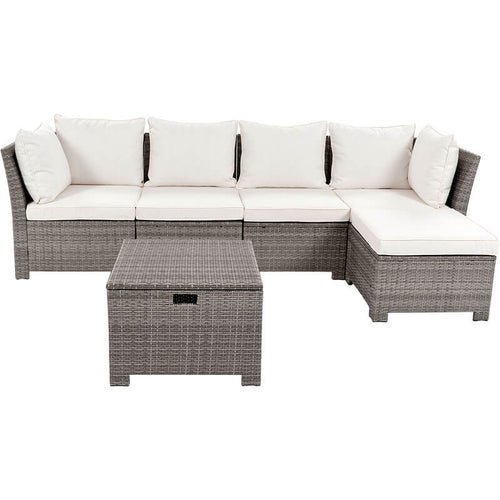 Beige 6-Piece Rattan Outdoor Patio Set with Storage Table, Ottoman & Cushions