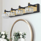 Modern crystal vanity light fixture with four LED lights, black and brass finish - Elirian