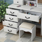 White makeup vanity desk with six drawers, LED mirror, and cushioned stool - Elirian