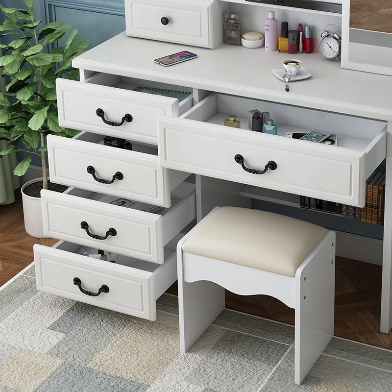 White makeup vanity desk with six drawers, LED mirror, and cushioned stool - Elirian