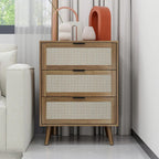 Modern Walnut 3-Drawer Rattan Cabinet with Wood Legs