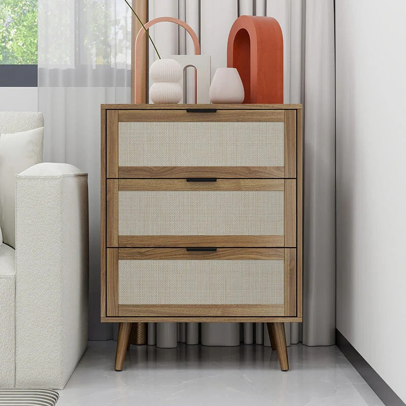Modern Walnut 3-Drawer Rattan Cabinet with Wood Legs