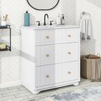 18" White Freestanding Bathroom Vanity with Ceramic Sink, Two Drawers & Gold Handles