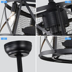 Industrial matte black caged ceiling fan with integrated light fixture - Elirian