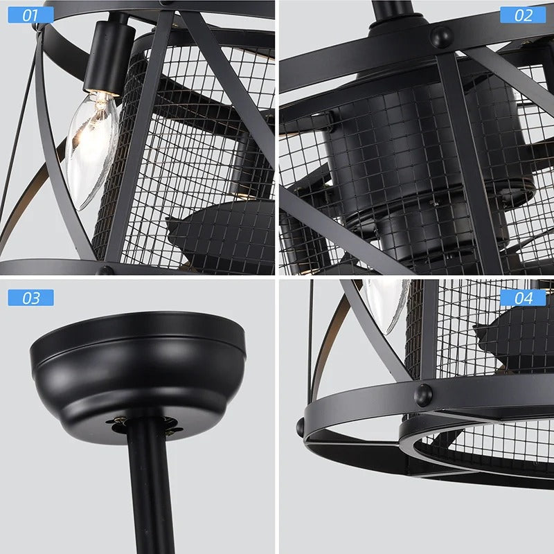 Industrial matte black caged ceiling fan with integrated light fixture - Elirian