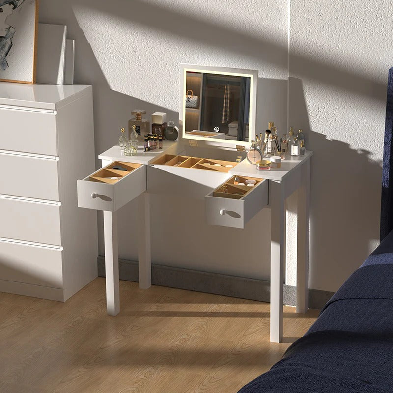 White makeup vanity table with LED mirror, drawers, and storage - Elirian