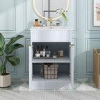 24" White Freestanding Bathroom Vanity with Ceramic Sink, Wavy Doors & Gold Handles