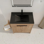 30" Freestanding Oak Bathroom Vanity with Black Ceramic Sink and Soft-Close Doors