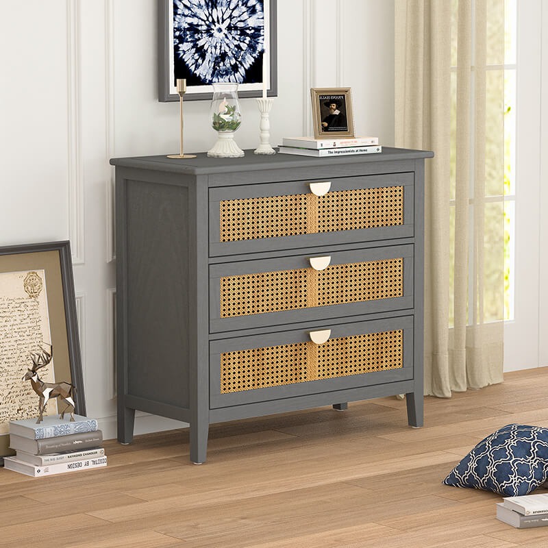 Gray Rattan Accent Cabinet with 3 Drawers and Metal Handle