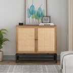 Walnut & Rattan 2-Door Accent Cabinet with Adjustable Shelf - Set of 2