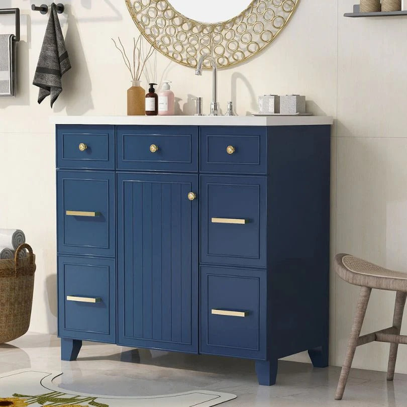 36" Navy Blue Bathroom Vanity with Resin Sink, 6 Drawers & Soft-Close Cabinet