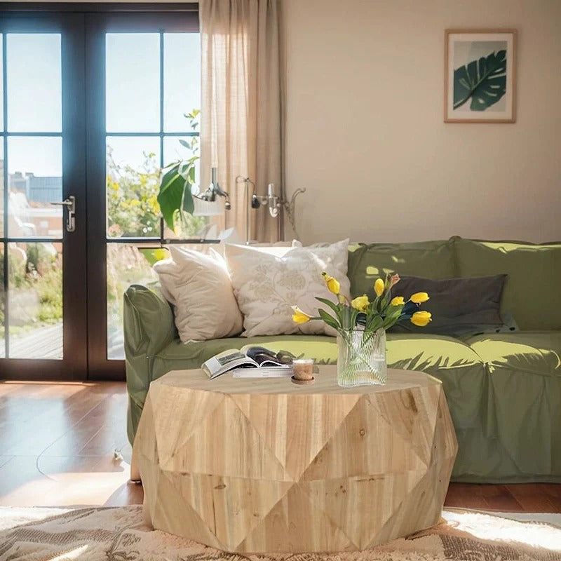 38" Natural Geometric Coffee Table with 3D Embossed Surface