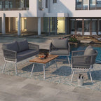 4-Piece Grey Woven Rope Outdoor Lounge Set with Acacia Wood Coffee Table