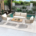 4-Piece Beige Woven Rope Patio Conversation Set with Acacia Wood Table