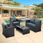 Dark Grey 4-Piece PE Wicker Patio Set with Tempered Glass Coffee Table & Cushions