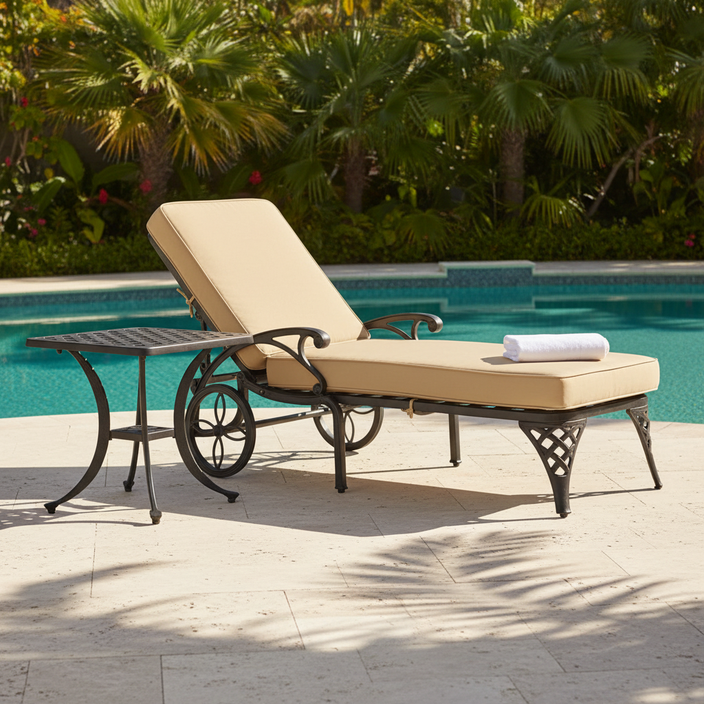 Beige Aluminum Foldable Recliner Lounge Chair with Wheels & Side Table