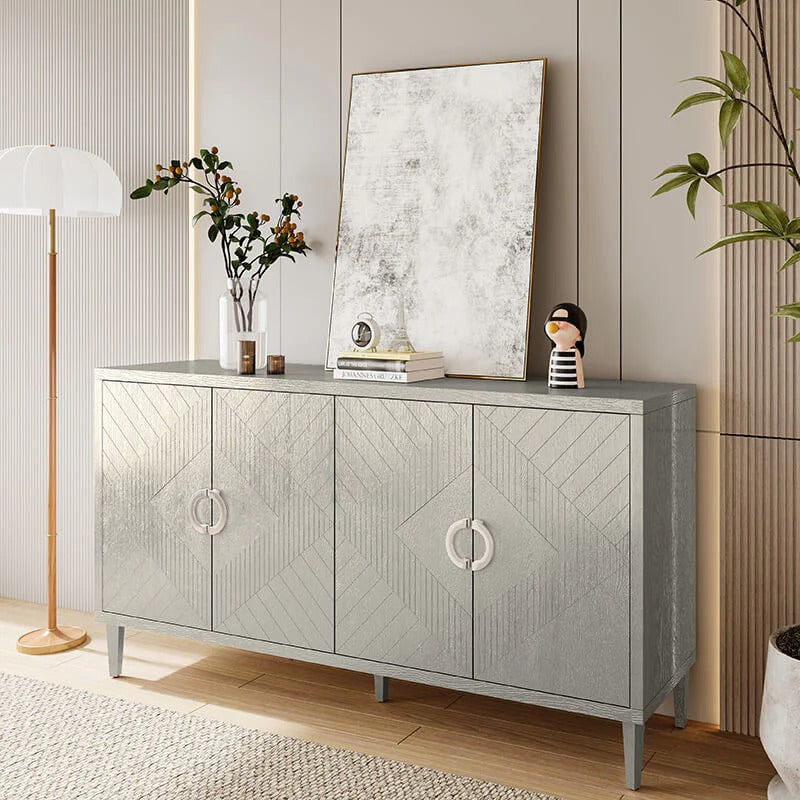 Modern Champagne Four-Door Cabinet with Pine Legs and Four Shelves