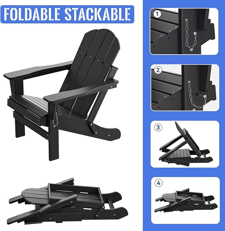 Antique Black Folding HDPE Adirondack Lounge Chair with Wide Armrests