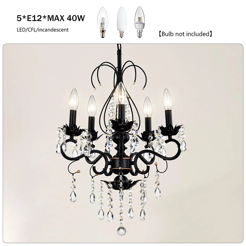 Vintage black crystal chandelier pendant light with five candle arms and gold accents - Elirian