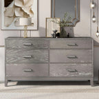 Six-Drawer Gray Wood Dresser with Tapered Legs and Pine Grain Veneer
