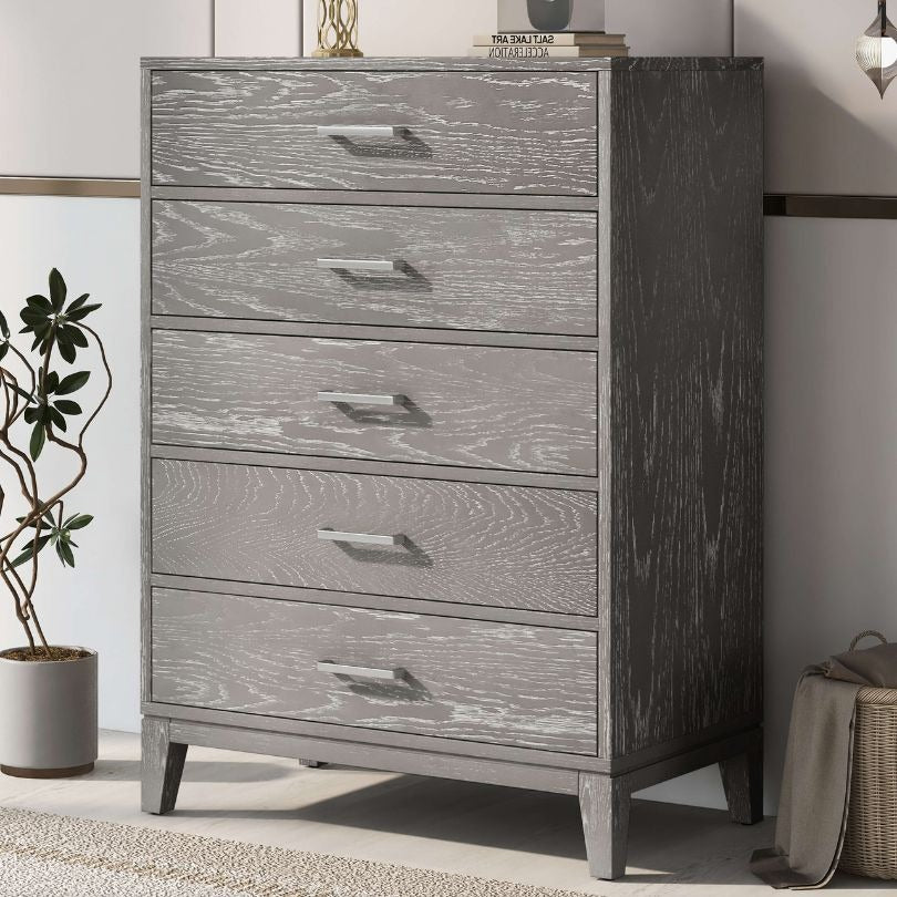 Modern Grey Five-Drawer Chest of Drawers - Wood Bedroom Storage