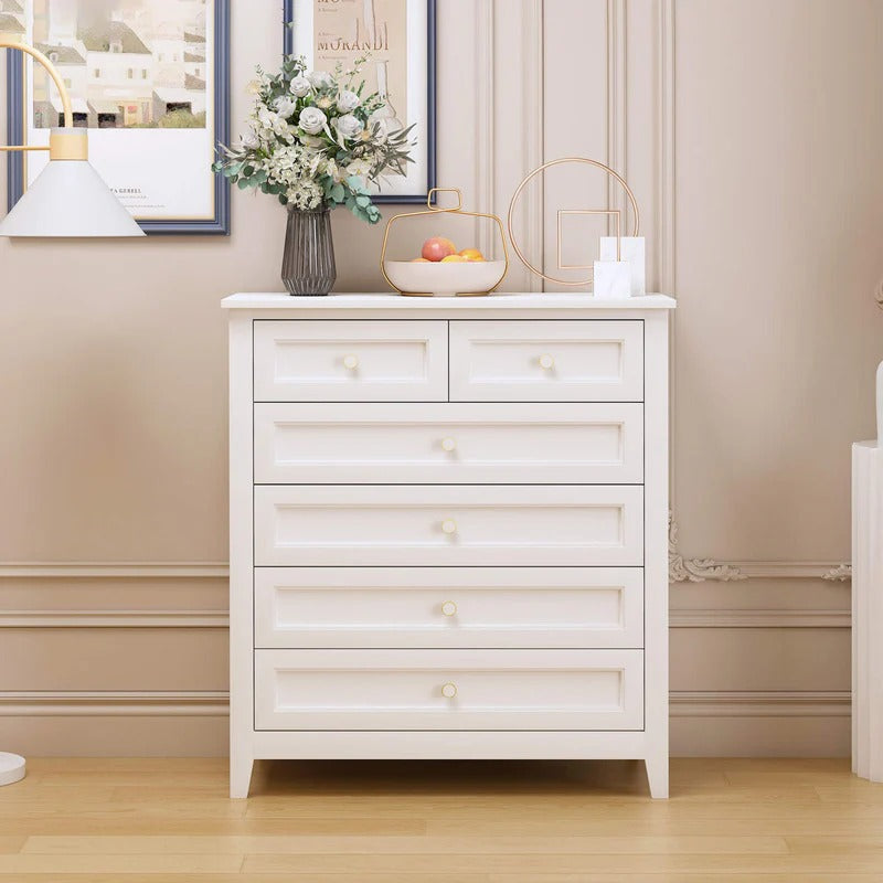 Antique White 6-Drawer Solid Wood Chest of Drawers with Round Handles