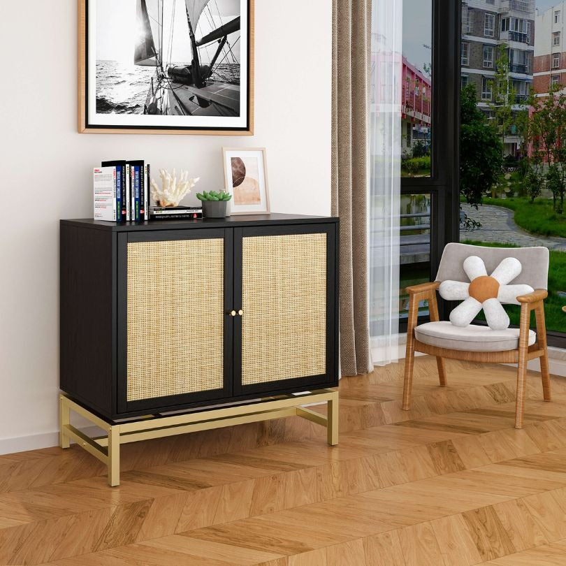 Black Rattan Door Accent Cabinet with Metal Frame - Set of 2