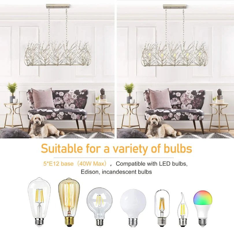 Modern crystal chandelier with vintage silver finish, 5 E12 bulb sockets, adjustable height - Elirian